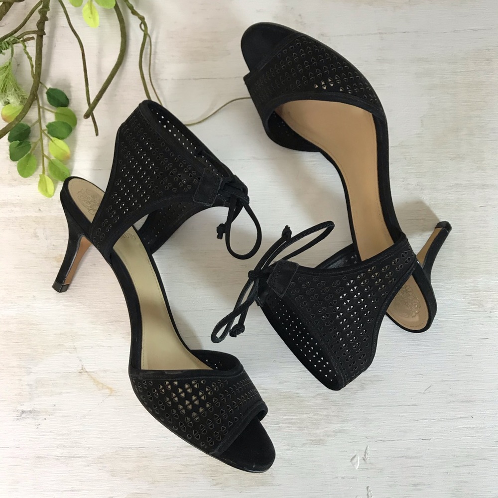 Vince Camuto black suede laser cut open toe heel 7